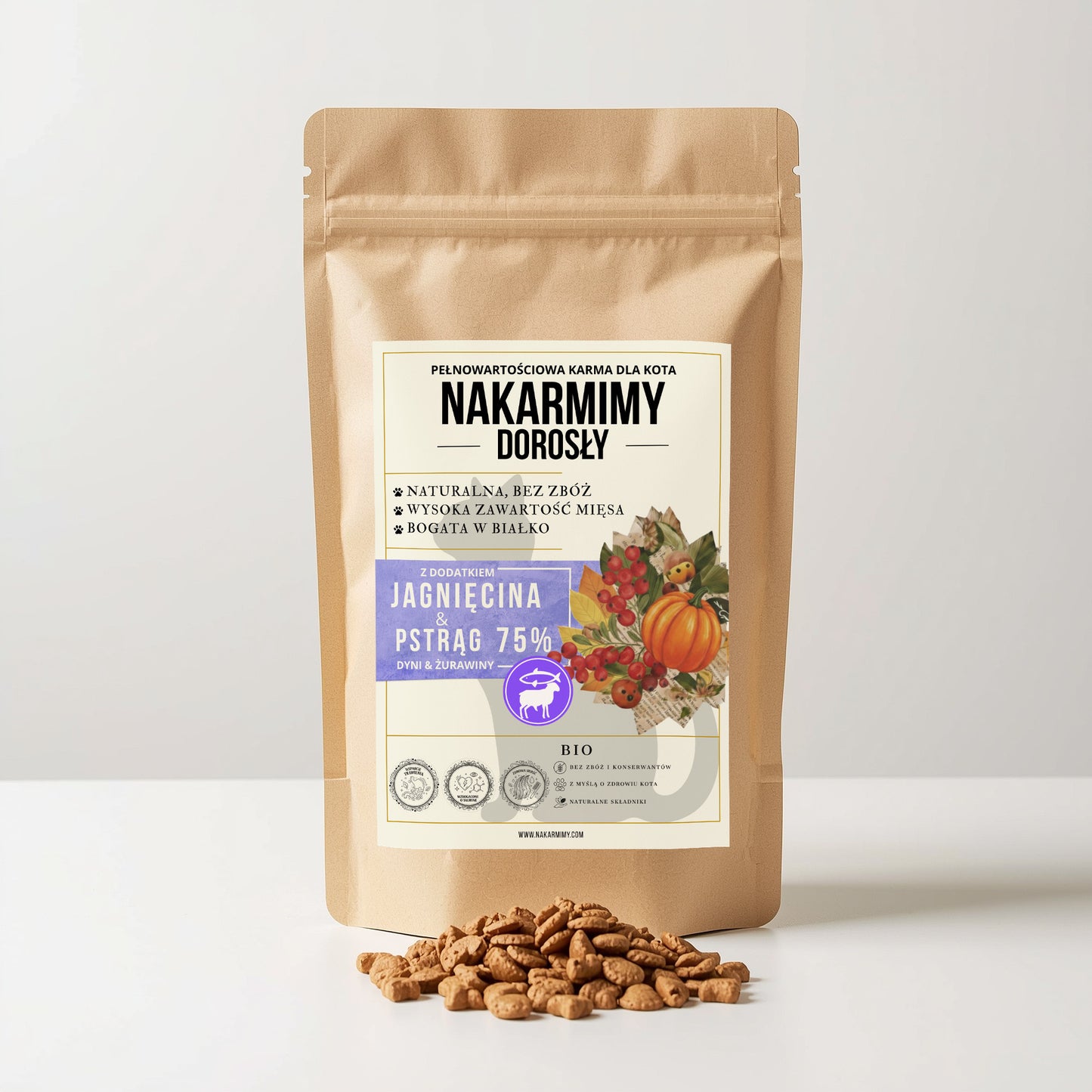 Karma sucha Kot Dorosły NAKARMIMY – Jagnięcina i Pstrąg 75% Dynia i Żurawina