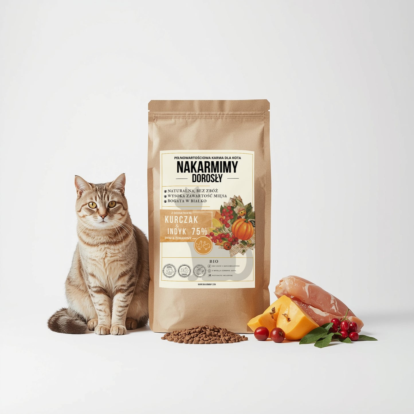 Karma sucha Kot Dorosły NAKARMIMY – Kurczak i Indyk 75% Dynia i Żurawina