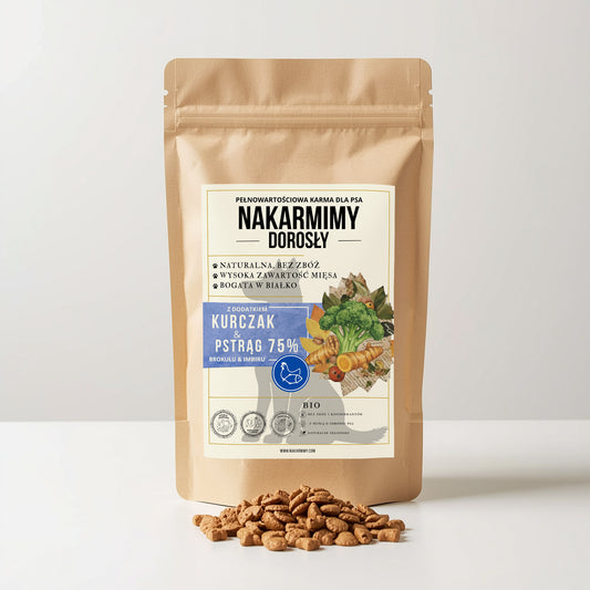 Karma sucha Pies Dorosły NAKARMIMY – Kurczak i Pstrąg 75% Brokuł i Imbir