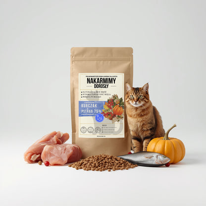 Karma sucha Kot Dorosły NAKARMIMY – Kurczak i Pstrąg 75% Dynia i Żurawina