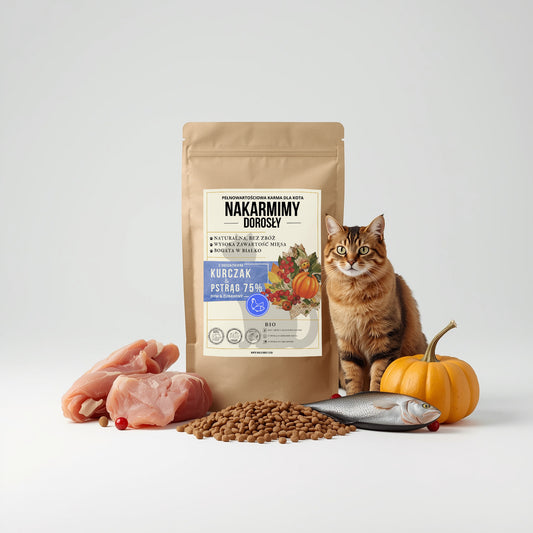 Karma sucha Kot Dorosły NAKARMIMY – Kurczak i Pstrąg 75% Dynia i Żurawina