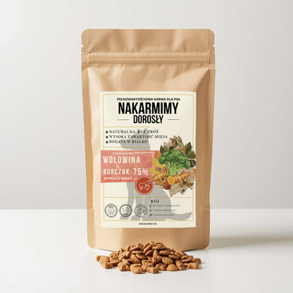 Karma sucha Pies Dorosły NAKARMIMY – Wołowina i Kurczak 75% Brokuł i Imbir