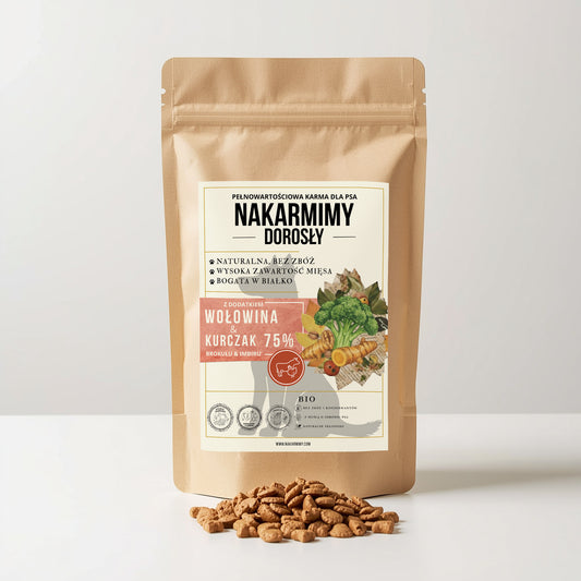 Karma sucha Pies Dorosły NAKARMIMY – Wołowina i Kurczak 75% Brokuł i Imbir