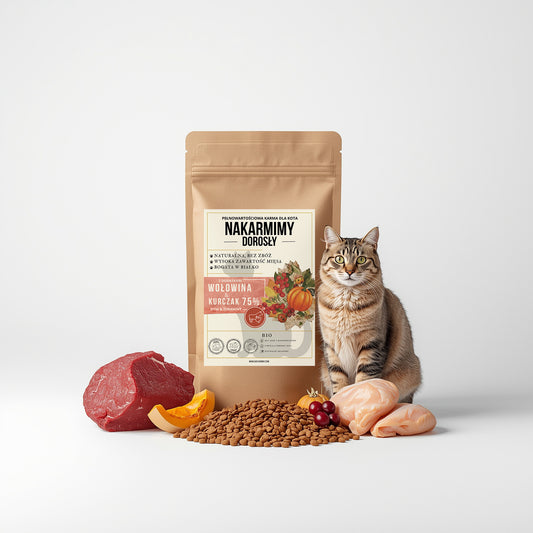Karma sucha Kot Dorosły NAKARMIMY – Wołowina i Kurczak 75% Dynia i Żurawina