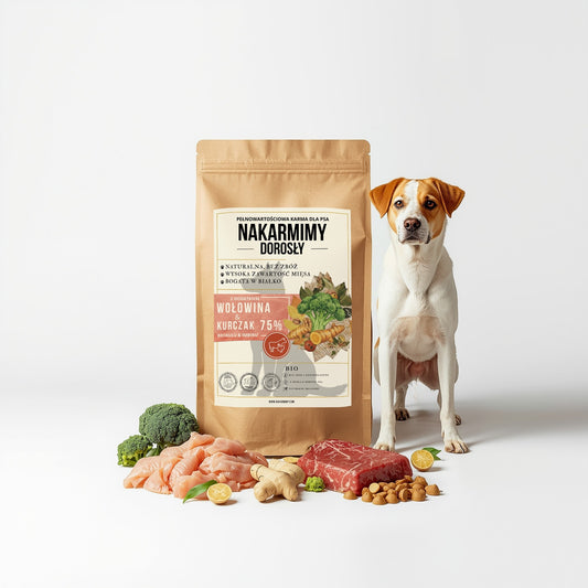 Karma sucha Pies Dorosły NAKARMIMY – Wołowina i Kurczak 75% Brokuł i Imbir