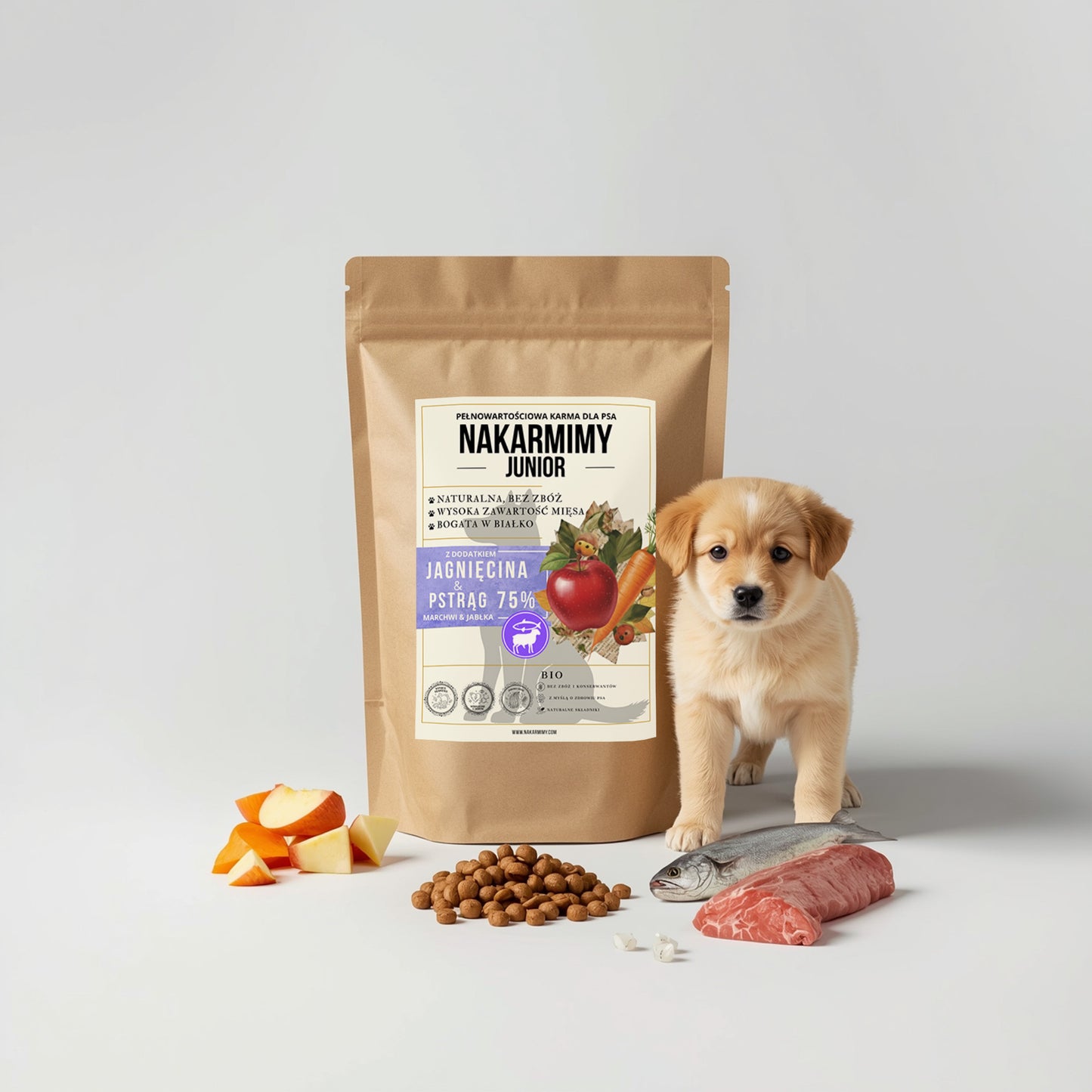 Karma sucha Pies Junior NAKARMIMY – Jagnięcina i Pstrąg 75% Jabłko i Marchew