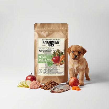 Karma sucha Pies Junior NAKARMIMY – Królik i Pstrąg 75% Jabłko i Marchew
