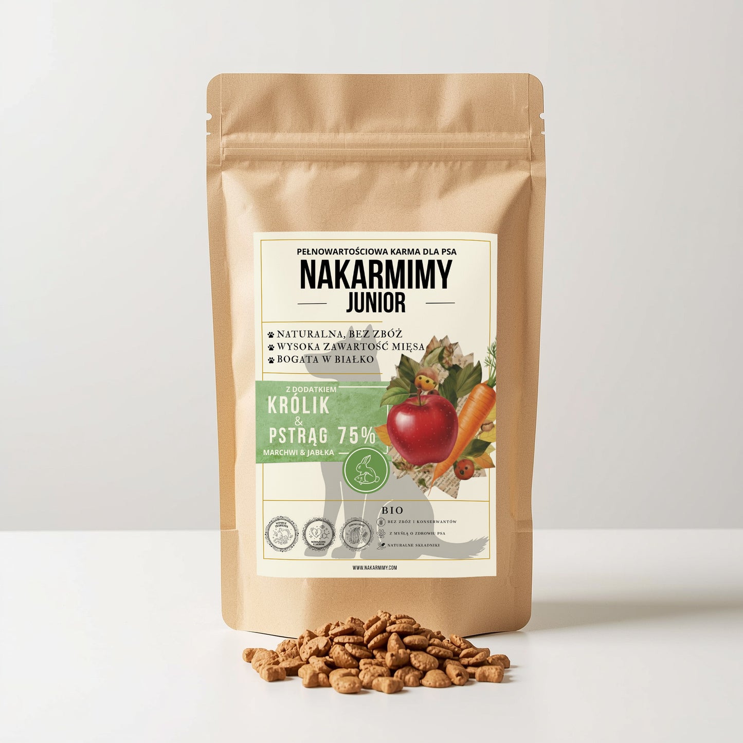 Karma sucha Pies Junior NAKARMIMY – Królik i Pstrąg 75% Jabłko i Marchew