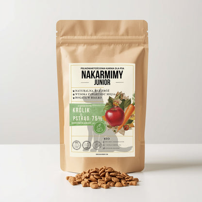 Karma sucha Pies Junior NAKARMIMY – Królik i Pstrąg 75% Jabłko i Marchew