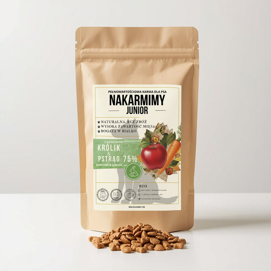 Karma sucha Pies Junior NAKARMIMY – Królik i Pstrąg 75% Jabłko i Marchew