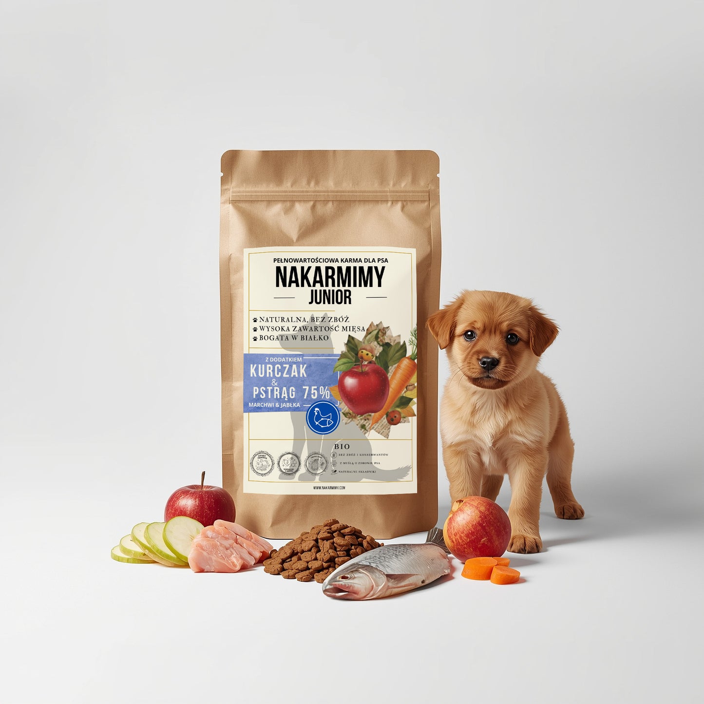 Karma sucha Pies Junior NAKARMIMY – Kurczak i Pstrąg 75% Jabłko i Marchew