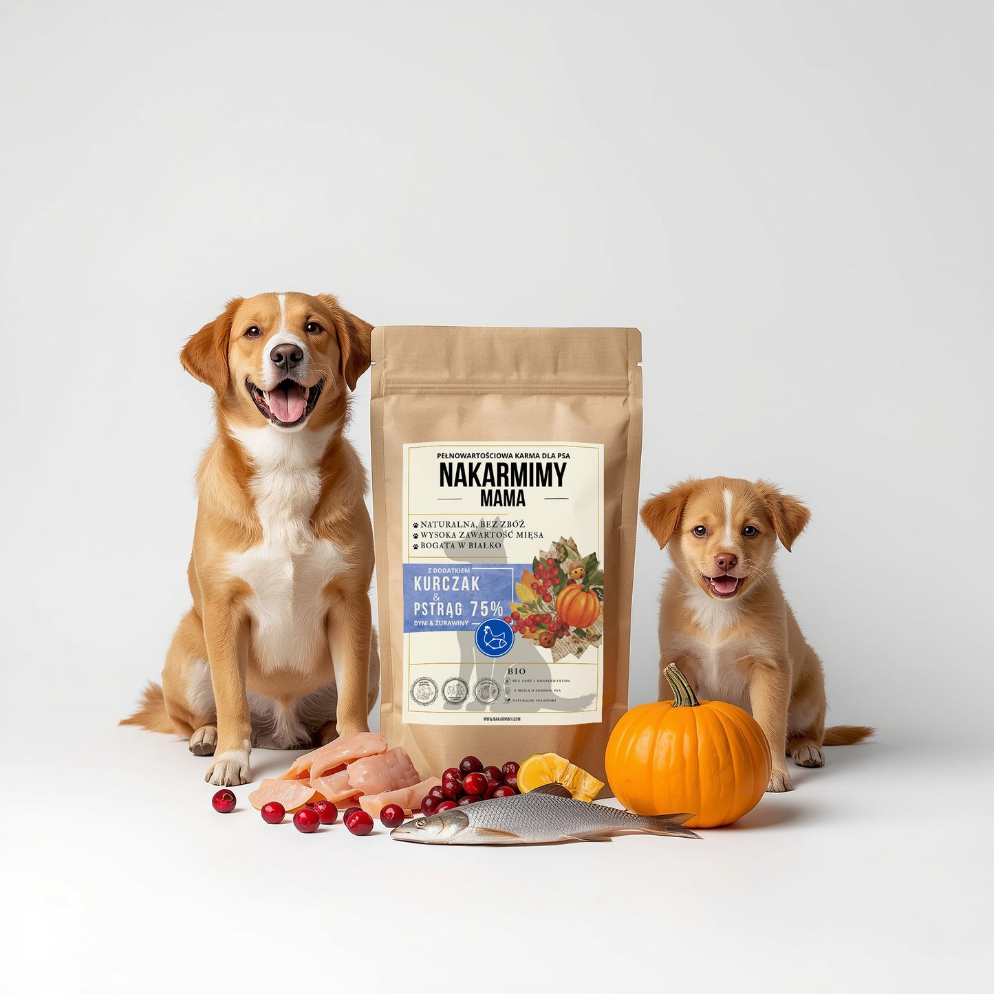 Karma sucha Pies Mama NAKARMIMY – Kurczak i Pstrąg 75% Dynia i Żurawina