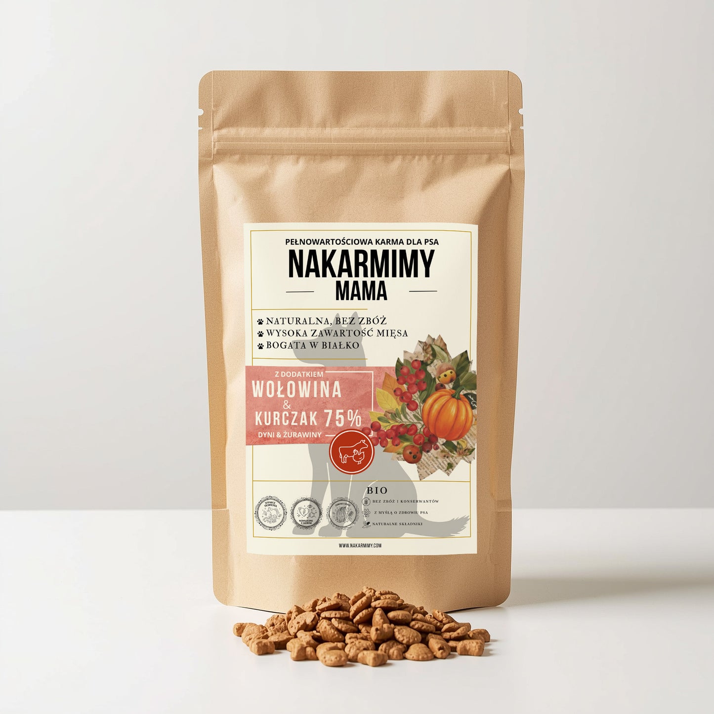 Karma sucha Pies Mama NAKARMIMY – Wołowina i Kurczak 75% Dynia i Żurawina
