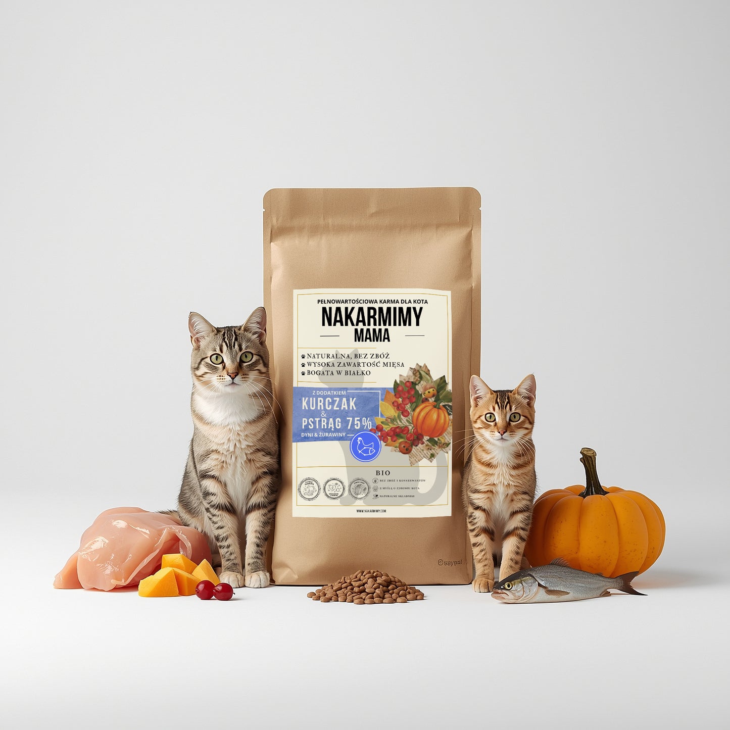 Karma sucha Kot MAMA NAKARMIMY – Kurczak i Pstrąg 75% Dynia i Żurawina