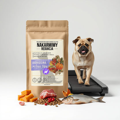 Karma sucha Pies Redukcja NAKARMIMY – Jagnięcina i Pstrąg 75% Dynia i Żurawina