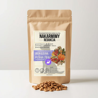 Karma sucha Pies Redukcja NAKARMIMY – Jagnięcina i Pstrąg 75% Dynia i Żurawina