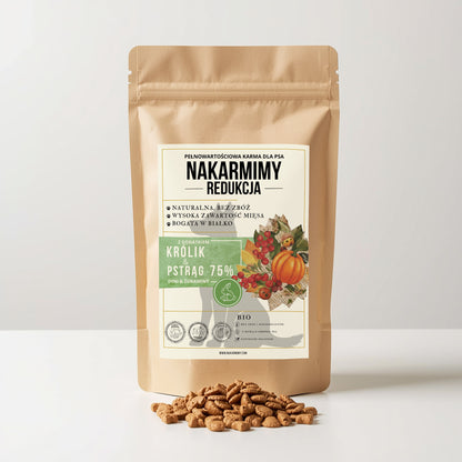 Karma sucha Pies Redukcja NAKARMIMY – Królik i Pstrąg 75% Dynia i Żurawina
