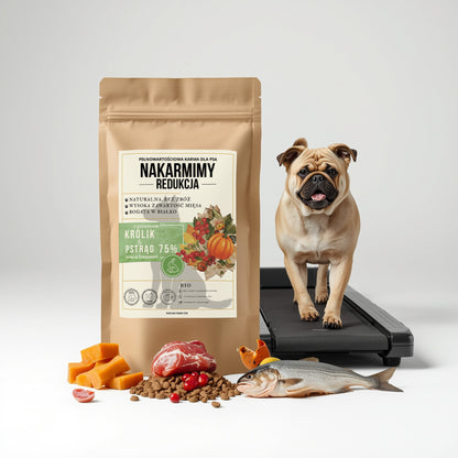 Karma sucha Pies Redukcja NAKARMIMY – Królik i Pstrąg 75% Dynia i Żurawina