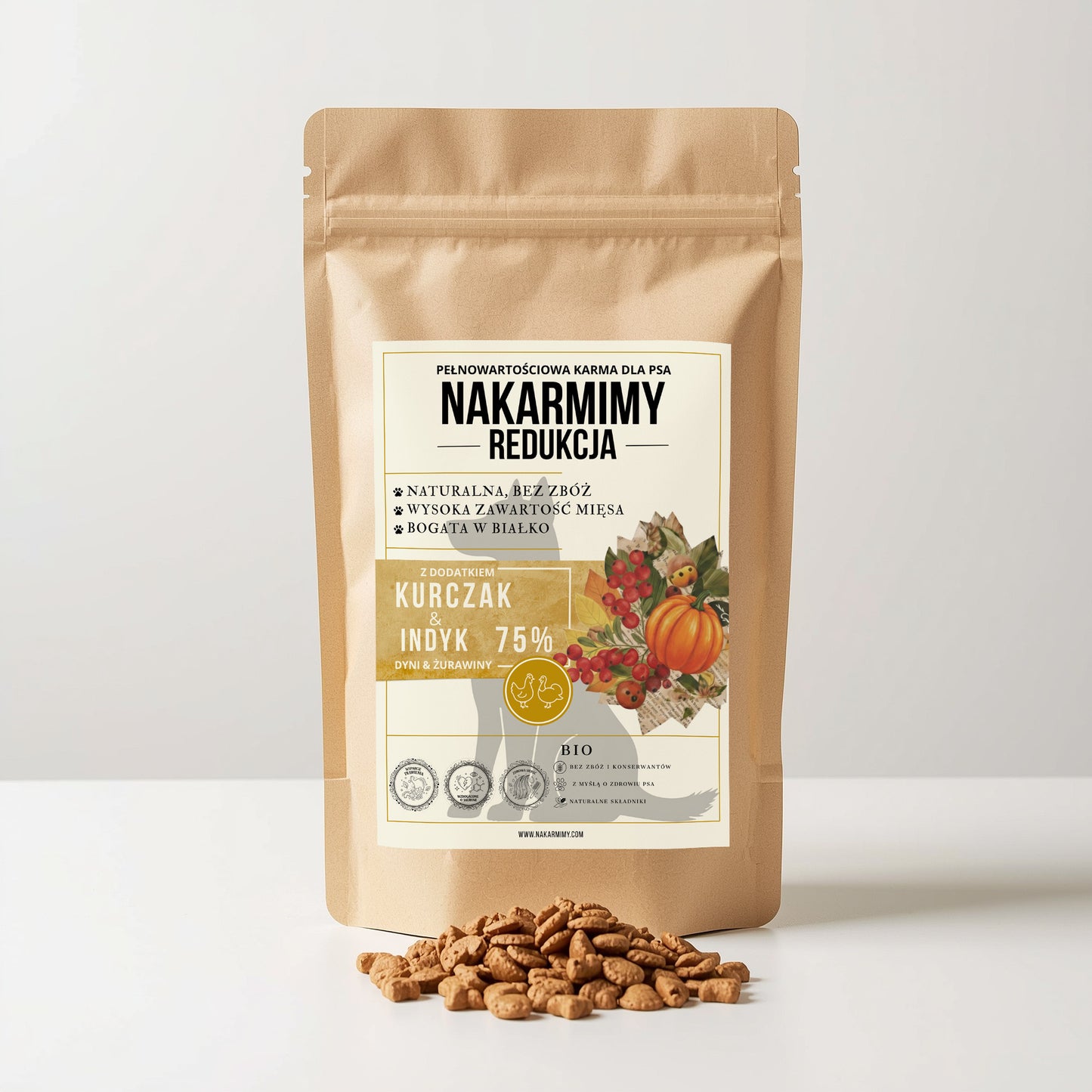 Karma sucha Pies Redukcja NAKARMIMY – Kurczak i Indyk 75% Dynia i Żurawina